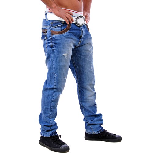 VSCT Herren Clubwear Leder Patched Jeans Hose V-0139 Blau W29/L32