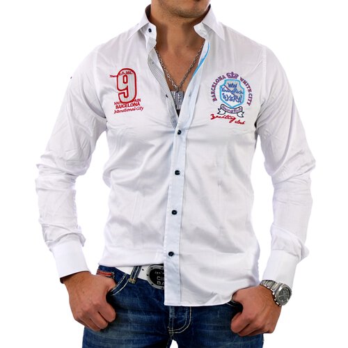 Young & Rich Herren Hemd Club Polo Party Design Langarmhemd YR-6040 Wei-Trkis M