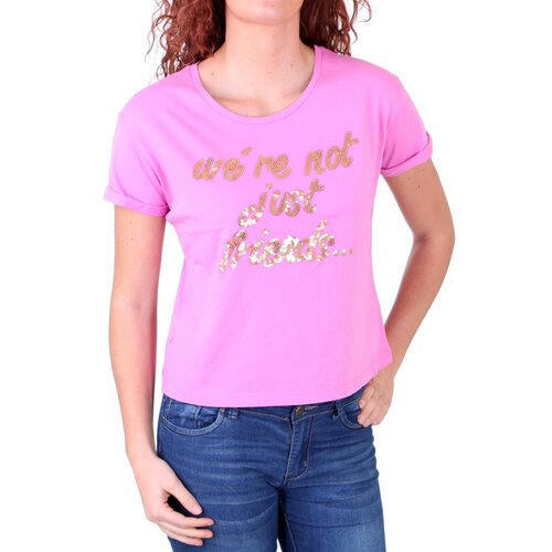 Madonna T-Shirt Damen ZAIN Rundhals Pailleten Aufdruck Short Cut Shirt MF-406974 Pink XS