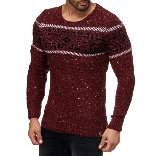 Herren Strickpullover Rundhals Norwegerpullover Muster RS-18003 Bordeaux L