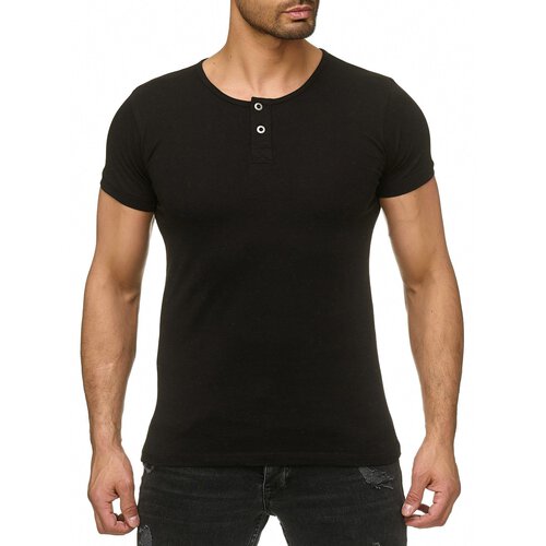 Reslad T-Shirt Herren Rundhals Buttoned Basic Look Uni Kurzarm Shirt RS-5011 Schwarz XL