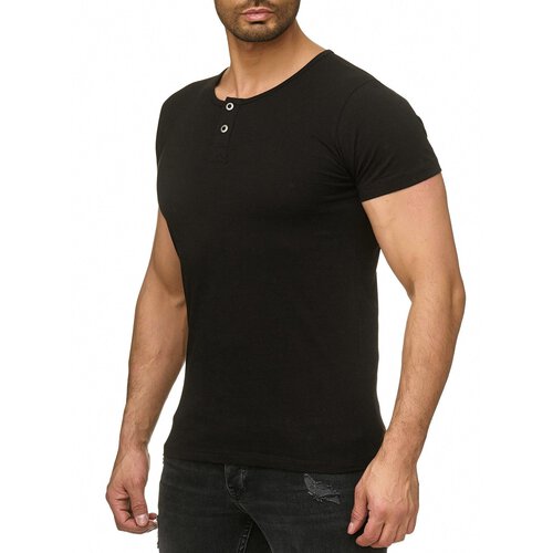 Reslad T-Shirt Herren Rundhals Buttoned Basic Look Uni Kurzarm Shirt RS-5011 Schwarz XL