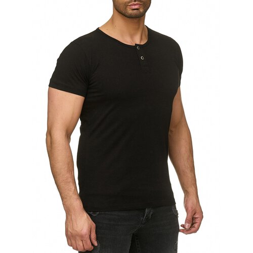 Reslad T-Shirt Herren Rundhals Buttoned Basic Look Uni Kurzarm Shirt RS-5011 Schwarz XL