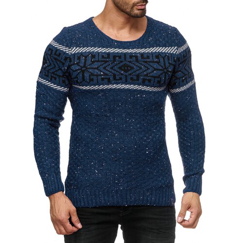 Herren Strickpullover Rundhals Norwegerpullover Muster RS-18003 Blau L