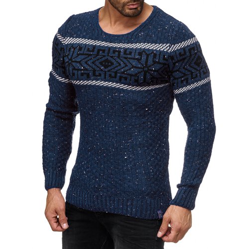 Herren Strickpullover Rundhals Norwegerpullover Muster RS-18003 Blau L