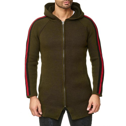 Reslad Strickjacke Herren Kontraststreifen Strickjacken fr Mnner Winter Jacke mit Kapuze RS-1046 Khaki XL