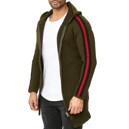 Reslad Strickjacke Herren Kontraststreifen Strickjacken fr Mnner Winter Jacke mit Kapuze RS-1046 Khaki XL