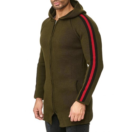 Reslad Strickjacke Herren Kontraststreifen Strickjacken fr Mnner Winter Jacke mit Kapuze RS-1046 Khaki XL