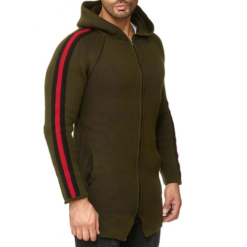 Reslad Strickjacke Herren Kontraststreifen Strickjacken fr Mnner Winter Jacke mit Kapuze RS-1046 Khaki XL