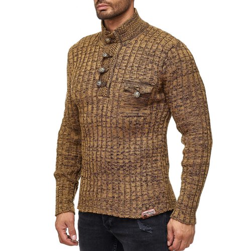 Reslad Strickpullover Stehkragen Herren Pullover melierter Mnner Winter Grobstrick-Pulli RS-1047 Camel S